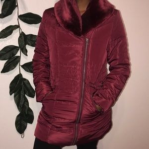 Burgundy Coat with detachable Faux Fur Collar